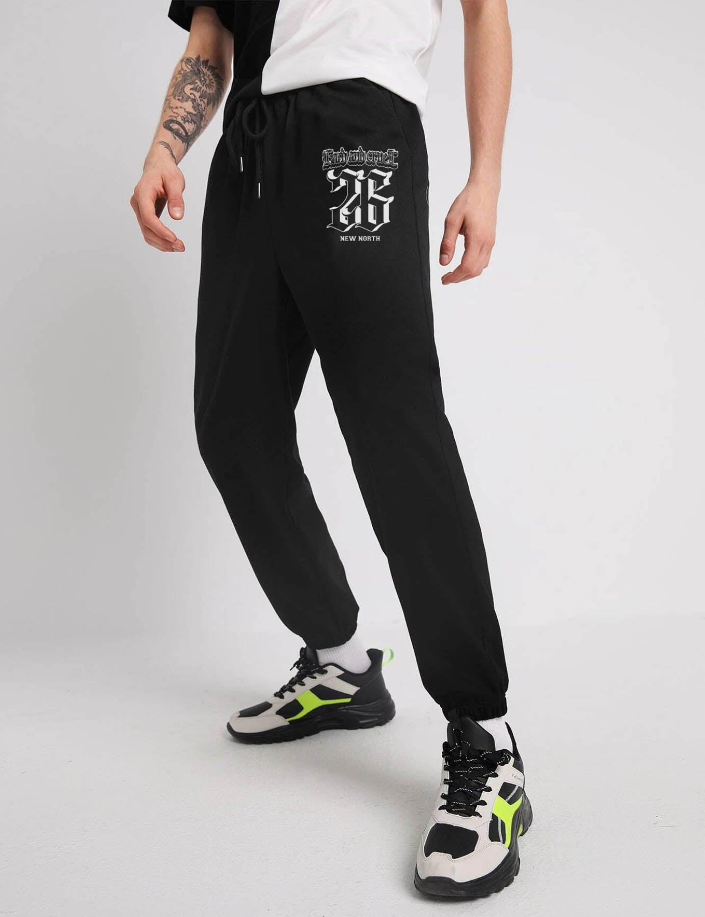 black graphic printed joggers for men