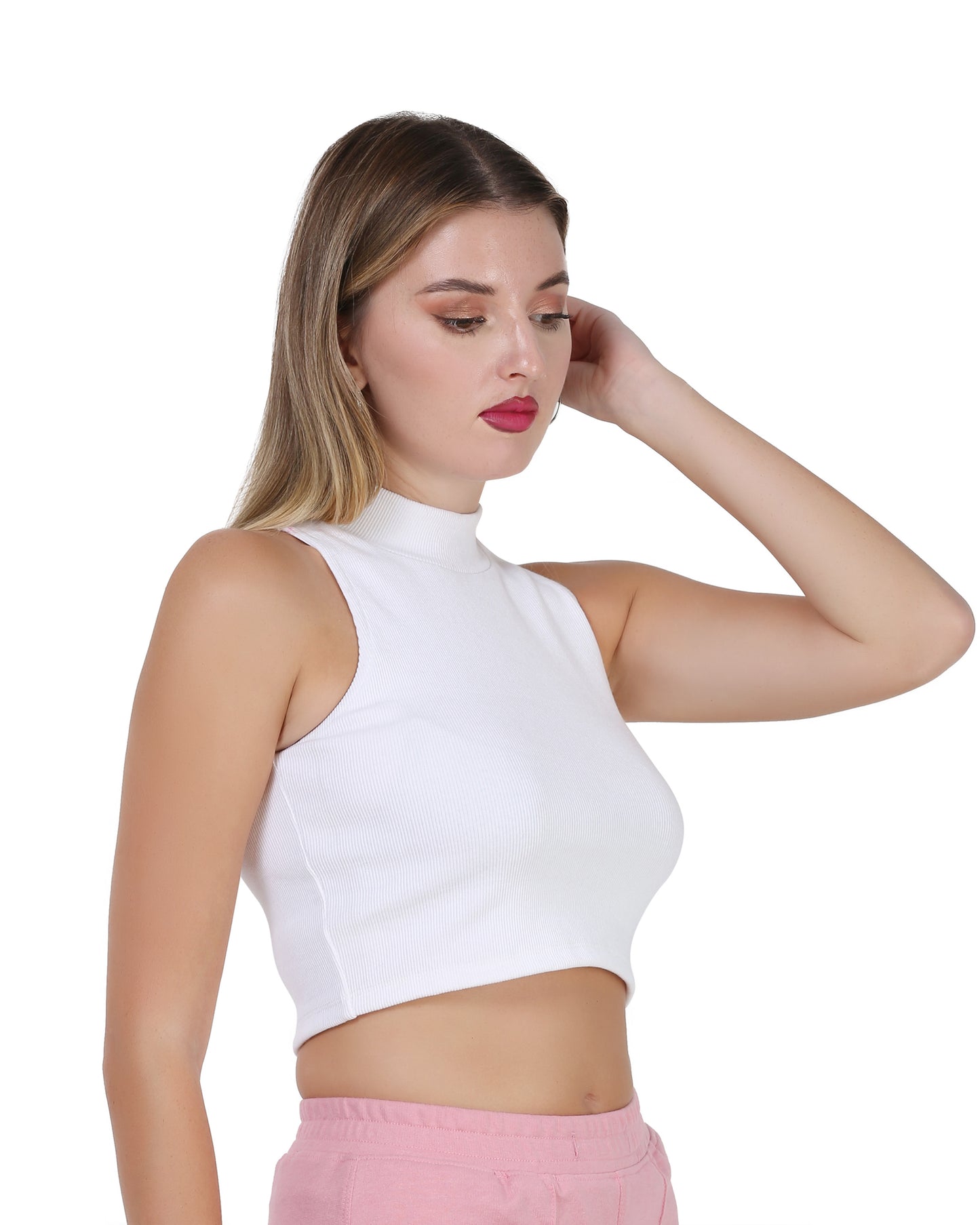 Solid White Ribbed High neck Crop Top for Women