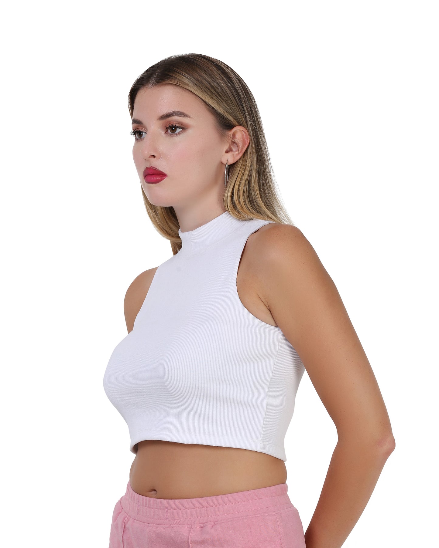 Solid White Ribbed High neck Crop Top for Women