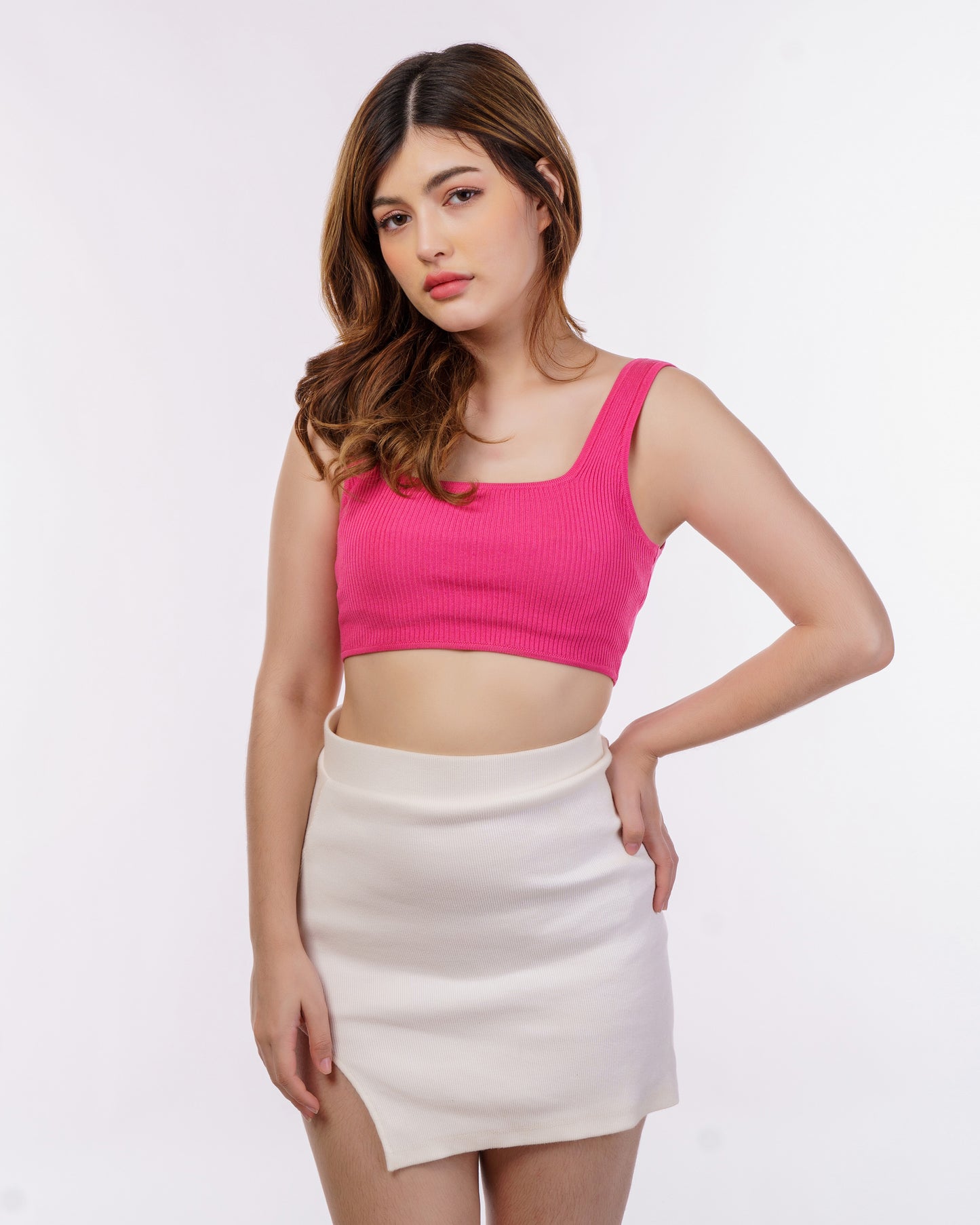 Ribbed Solid Pink Tank top for Women